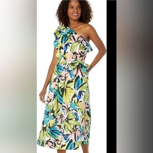 Donna Morgan Floral Printed Midi Dress With Ruffle One Shoulder NWT Size 6